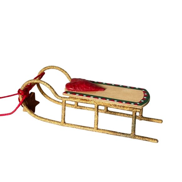 Kurt Adler Gold Sled Ornament Red Heart & Star Accents 5 3/4" Long Christmas Hom - Picture 3 of 7